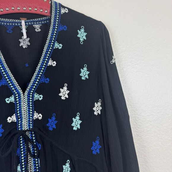 Free People Boho Star Gazer Peasant Babydoll Mini Tunic Dress Black Blue Small - Picture 5 of 16